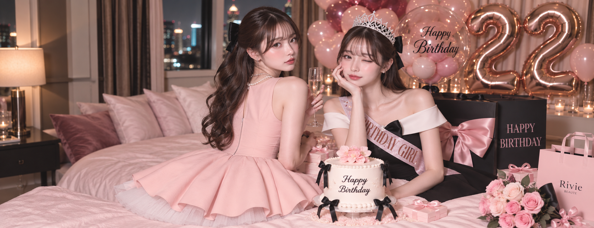 誕生日を祝う二人とケーキ